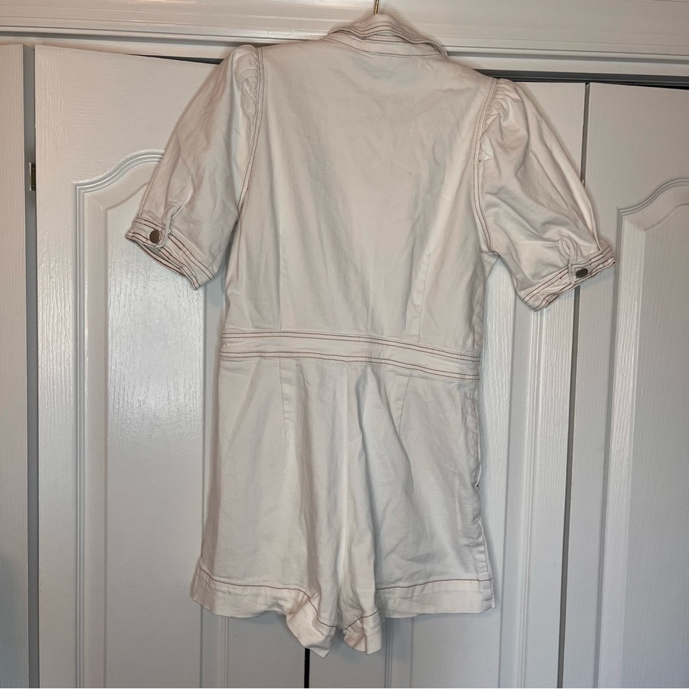 Day + Moon Cream Denim Romper Sz L Snap Button Zip Contrast Stitching Collared - Picture 7 of 11